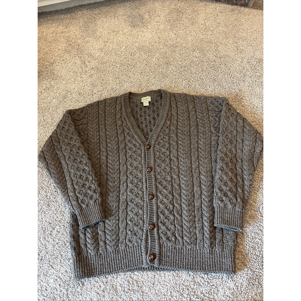 VTG LL Bean 100% Wool Cardigan Sweater Mens L Chunky Cable Knit Made In Ireland